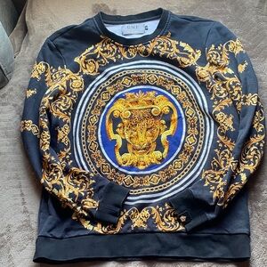 GMF Black Crewneck Sweater with Ornate Gold Medallion Print